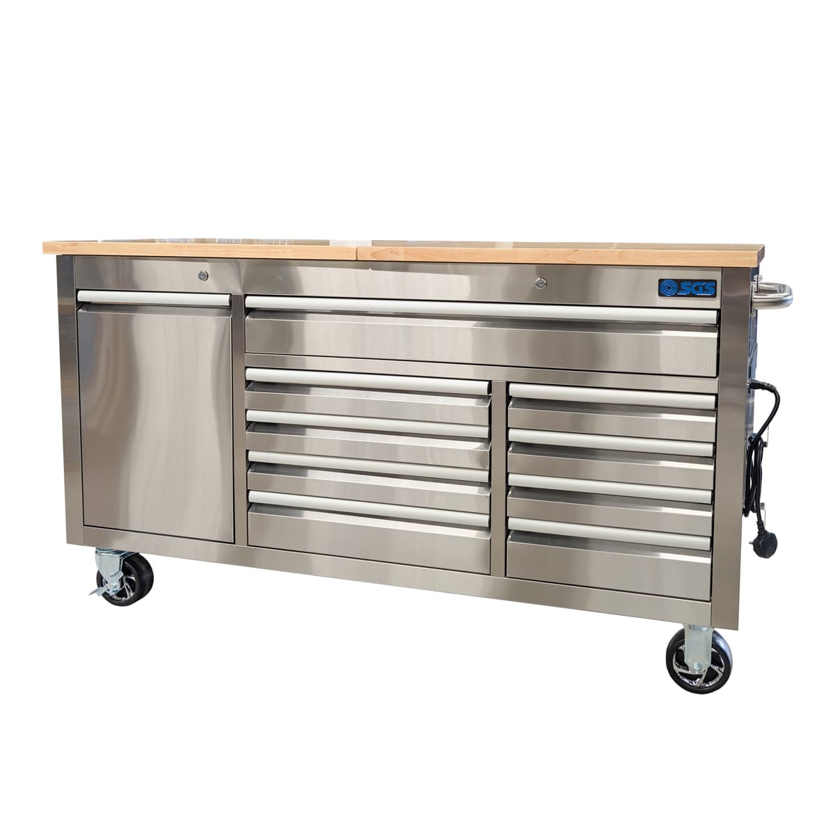 SGS 61in Stainless Steel 9 Drawer Tool Chest | Split Wooden Lift-Up Worktop